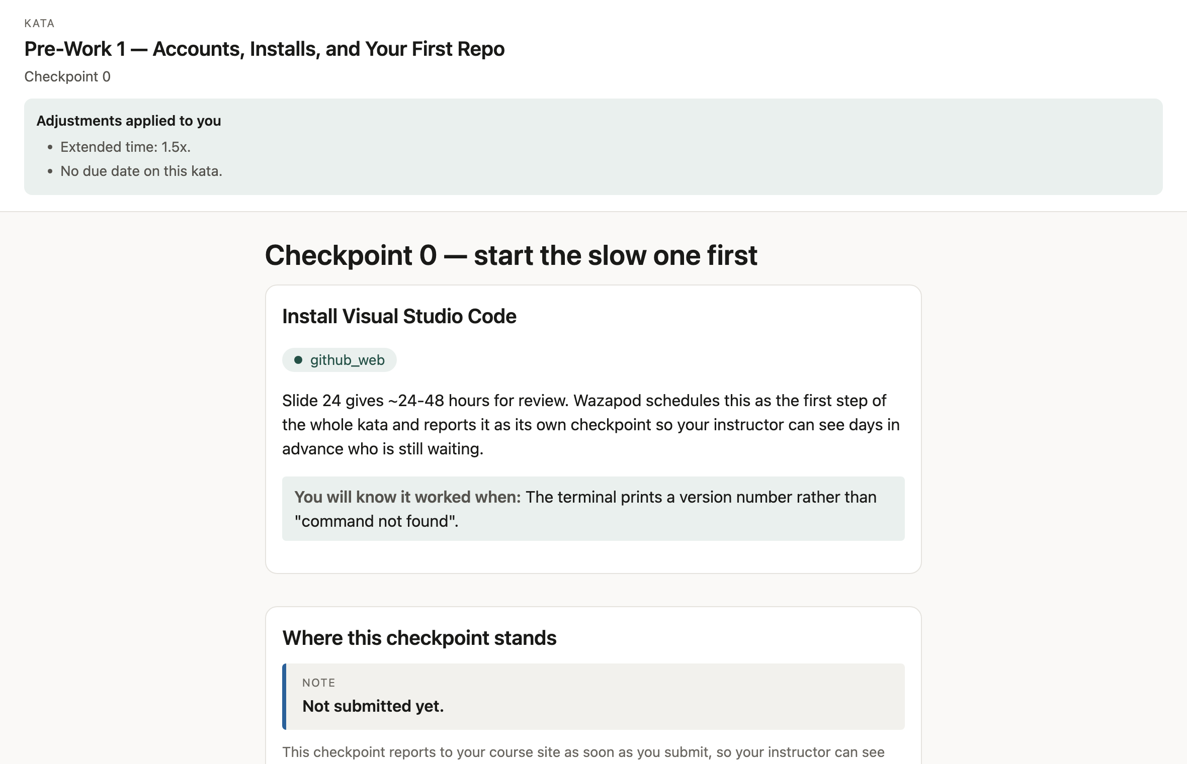 A setup-verification screen showing one action to take, the command to run, and what the expected result looks like, with a control to confirm the result was reached.